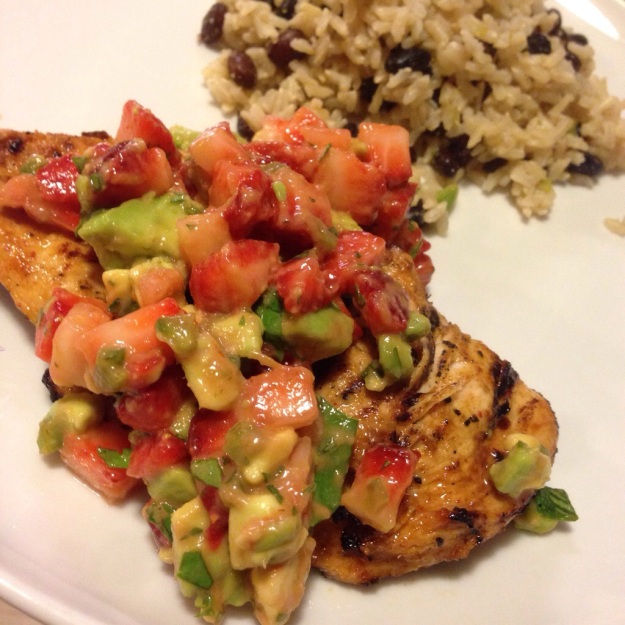 Grilled Chicken with Strawberry-Avocado Salsa and Rice with Black Beans
